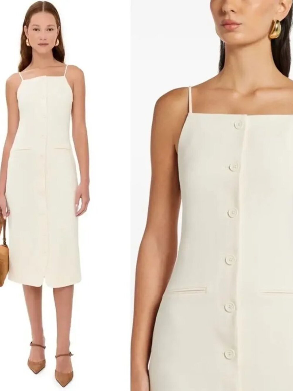 NWT STAUD Una Button Front Spaghetti Strap Midi Dress Ecru M $395